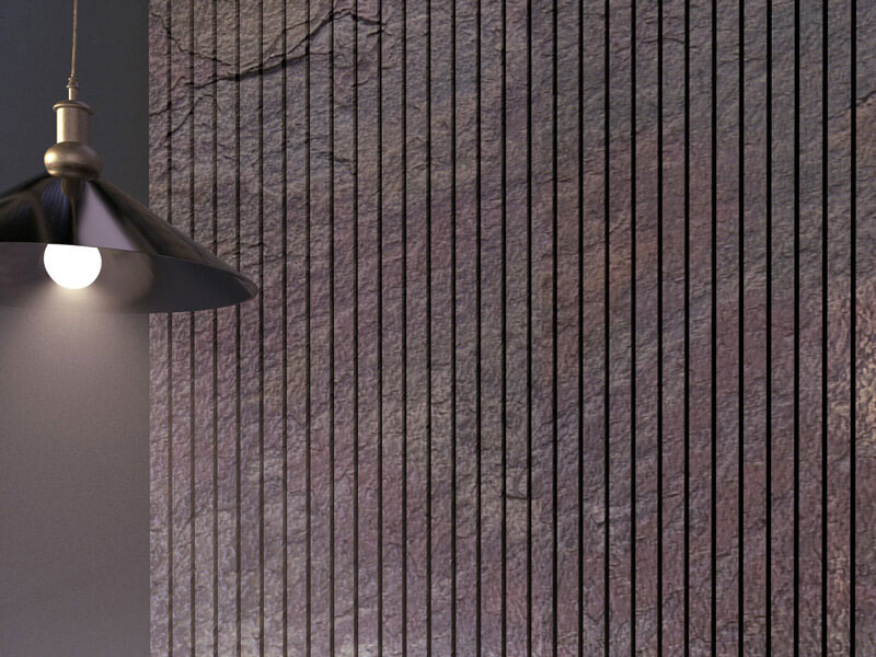 Πάνελ Acoustic-RibPanel σε σύγχρονο εσωτερικό χώρο με τοίχο από εμφανές μπετόν και κρεμαστό φωτιστικό