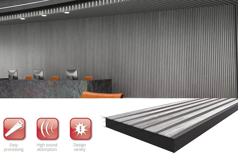 Acoustic-RibPanel Slim σε επαγγελματικό χώρο με μοντέρνο φωτισμό